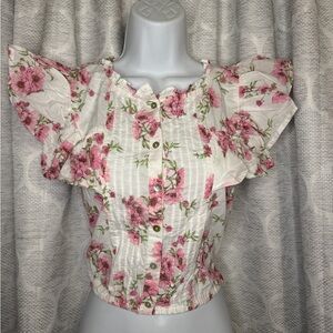 Japna Floral Ruffle Top Medium Pink Cottagecore Boho Button Front 100% Cotton